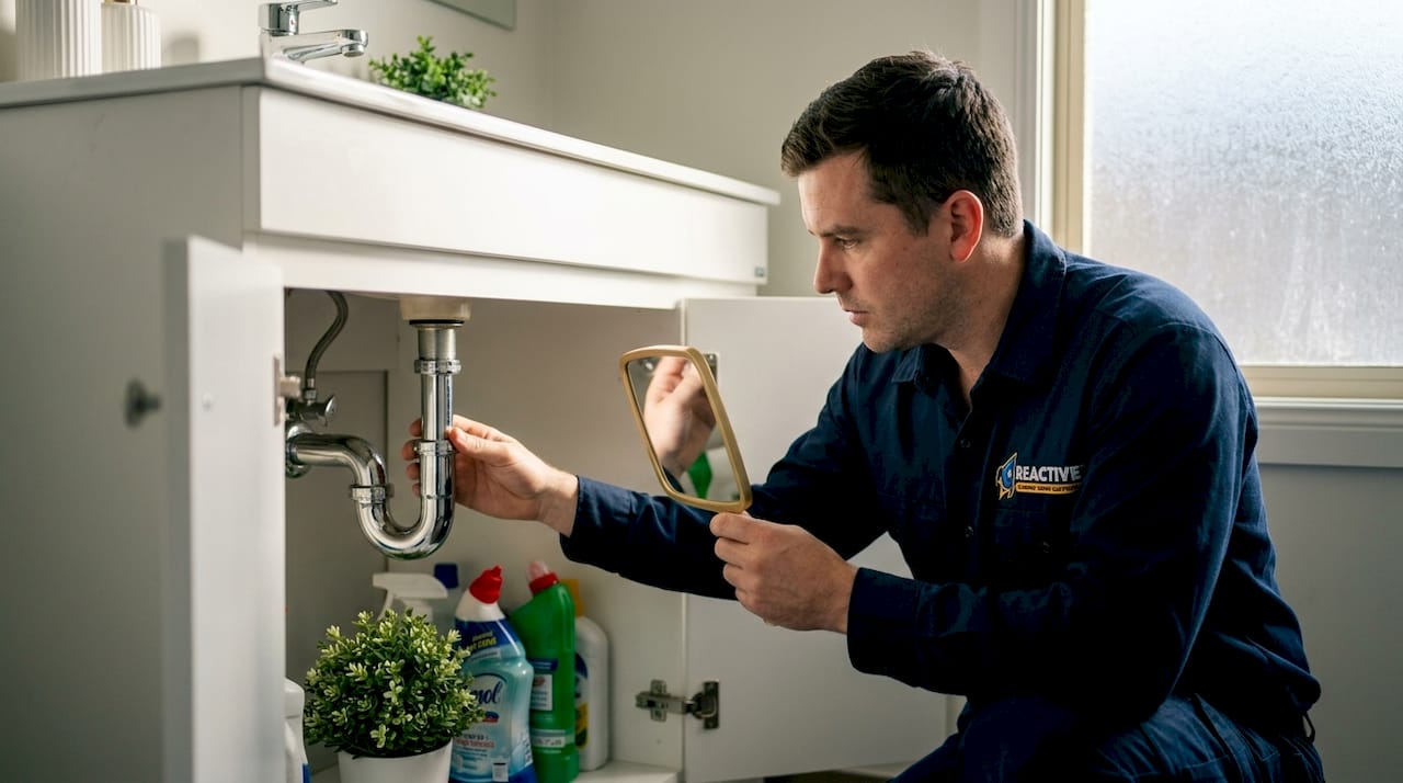 Close-up of residential drain trap under sink