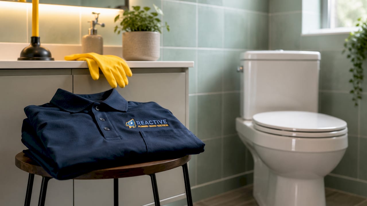 Bathroom with toilet and plumber uniform laid out