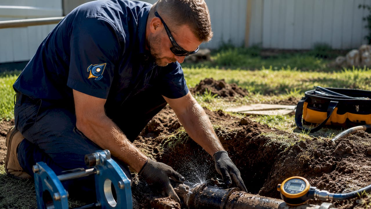 Technician repairing burst water main outdoors