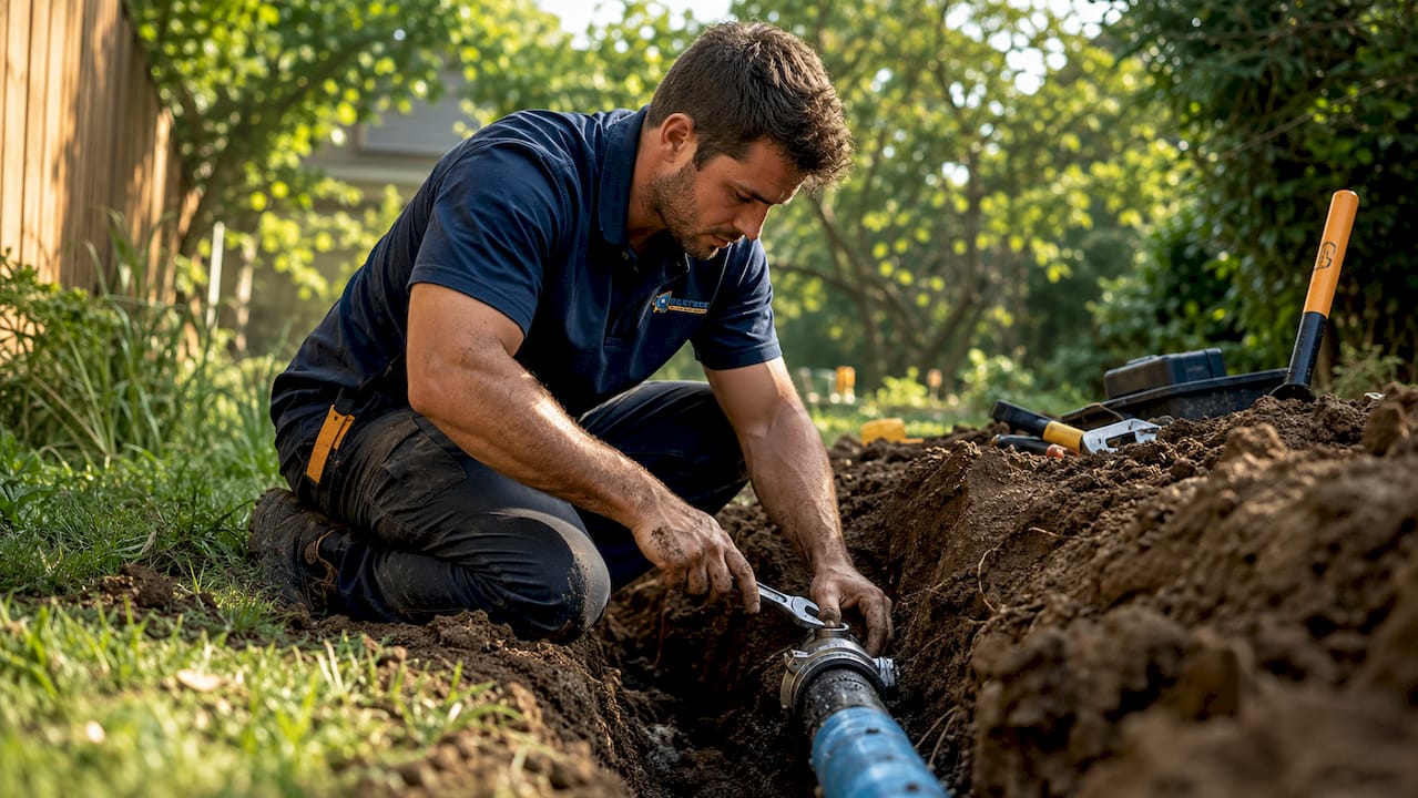 Hands tightening coupling on cut water main pipe