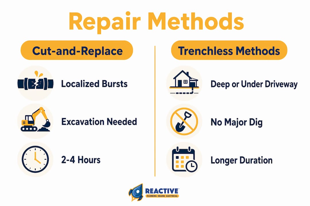 Infographic comparing cut-and-replace and trenchless repair methods