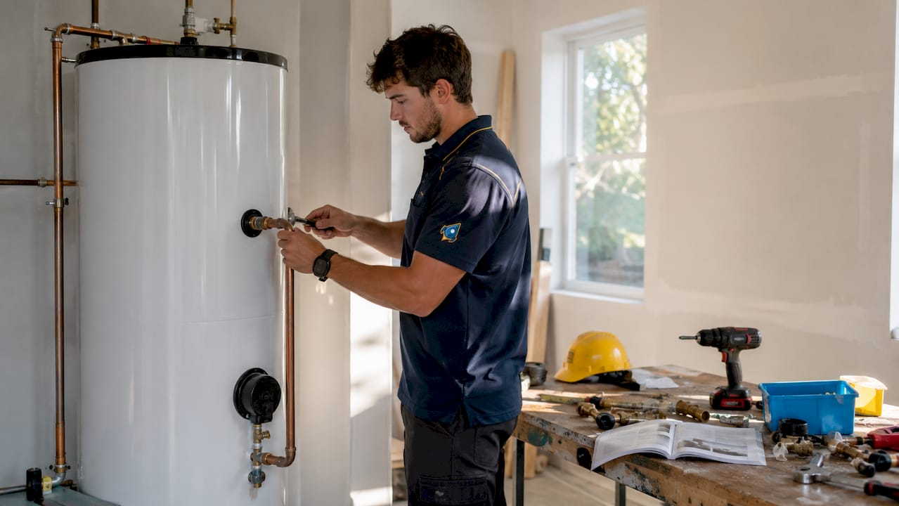 Technician installing water heater in basement