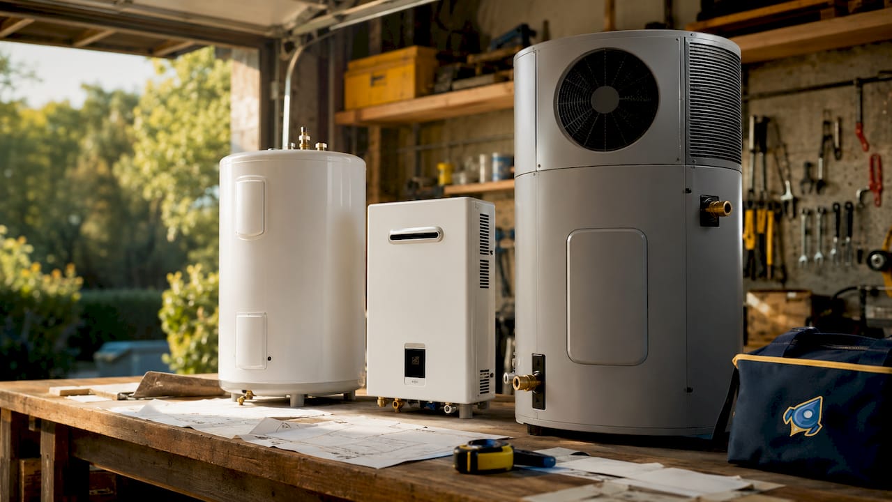 Various water heater models displayed on workbench