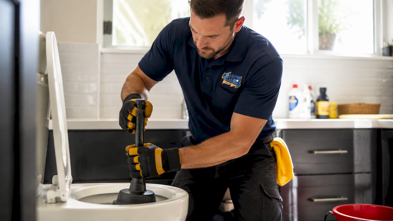 Hands plunging toilet with branded dark blue shirt
