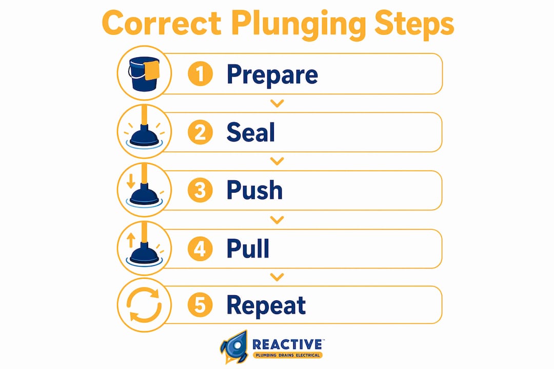 Infographic illustrating five steps to plunge a drain correctly