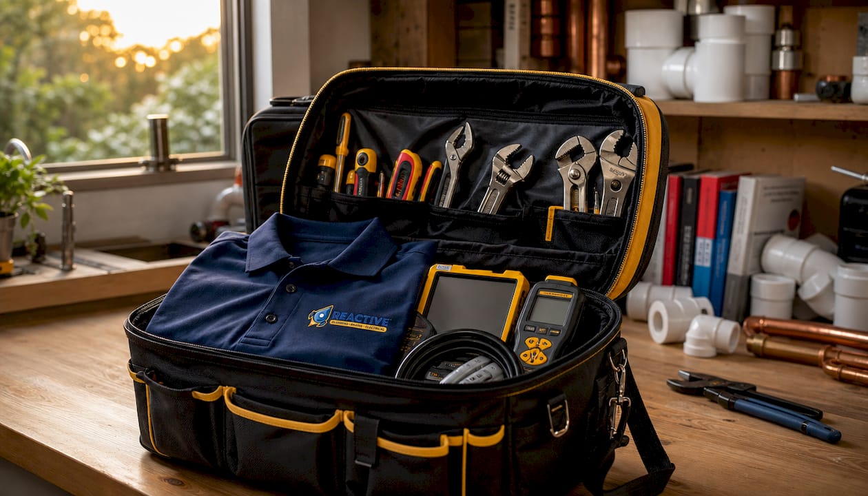Plumber's toolbag and branded shirt in garage