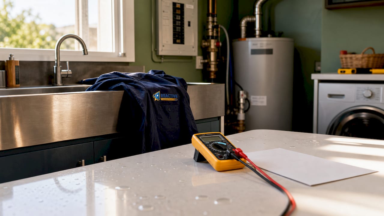 Laundry room with hot water system and branded shirt