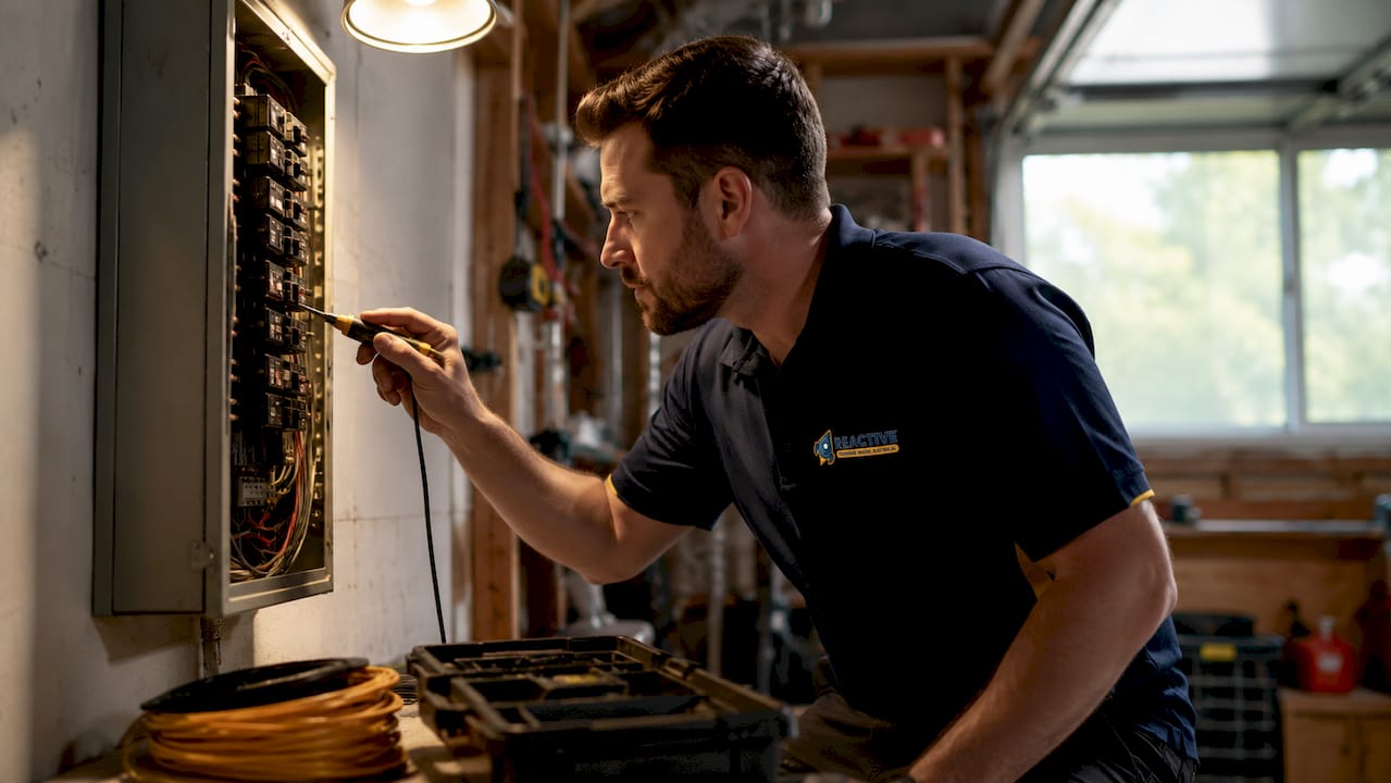 Technician inspecting home circuit breaker panel
