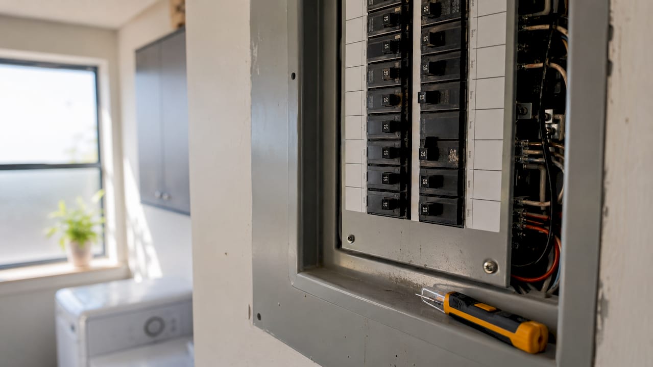 Close-up of tripped circuit breakers in panel
