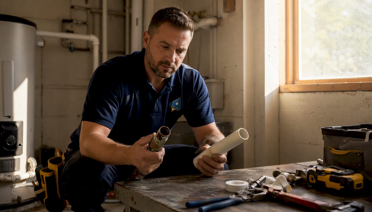 Close-up of corroded pipes and plumbing tools