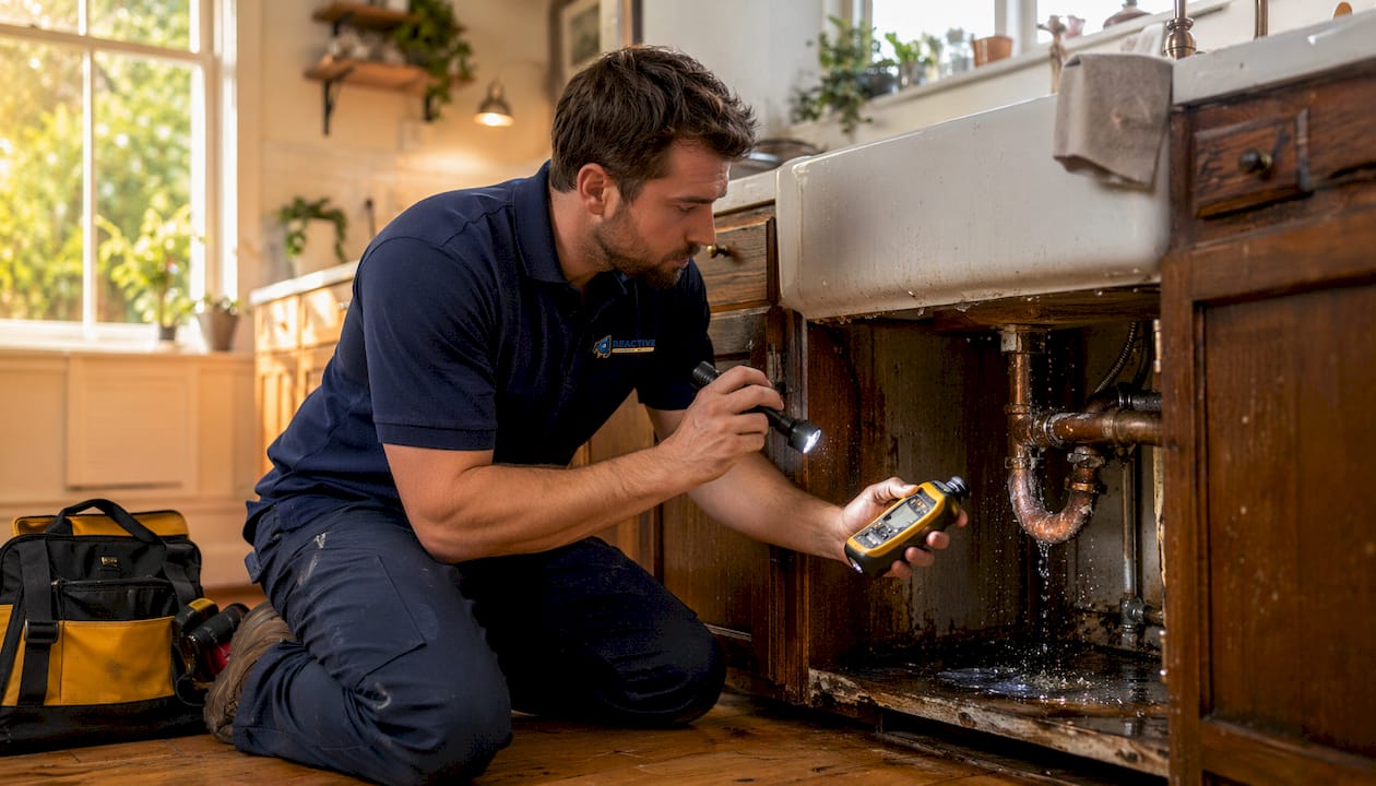 Plumber inspecting water-damaged kitchen pipe