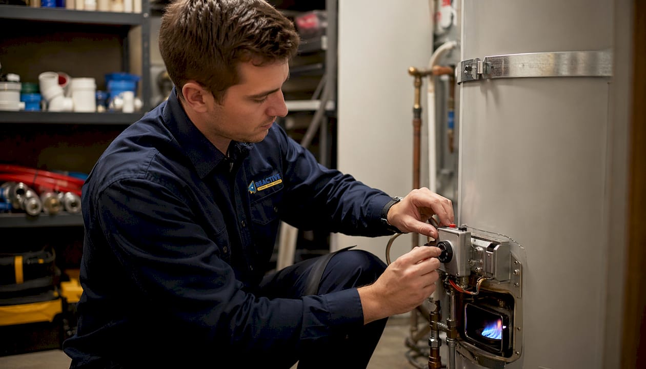Hands adjusting pilot light on gas water heater