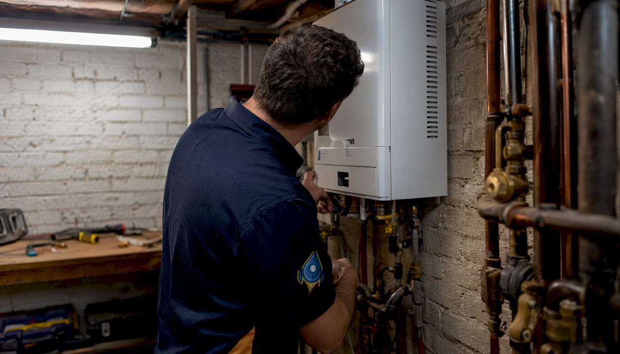 Technician inspecting gas hot water system