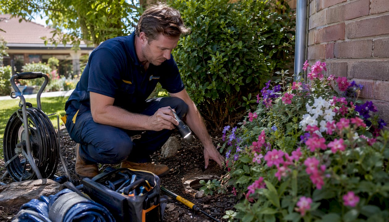 Technician inspecting home exterior drain