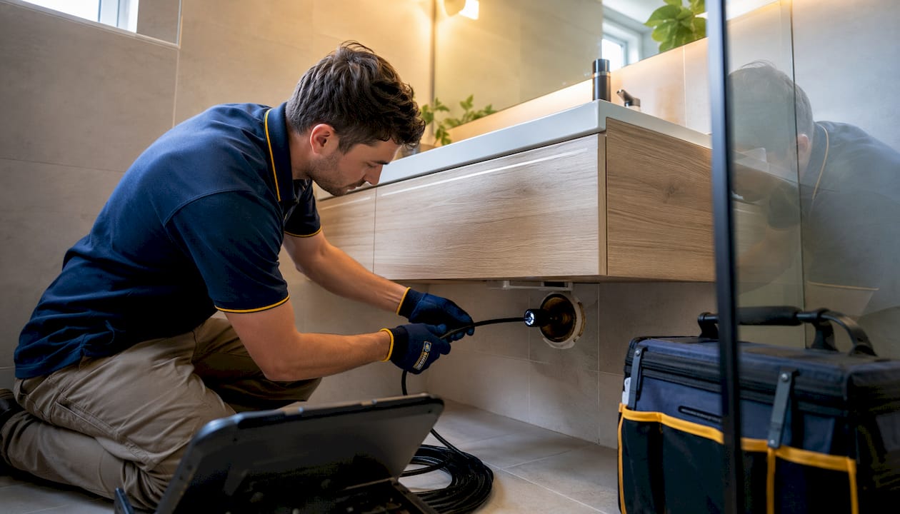 Hands holding plumbing CCTV camera under sink