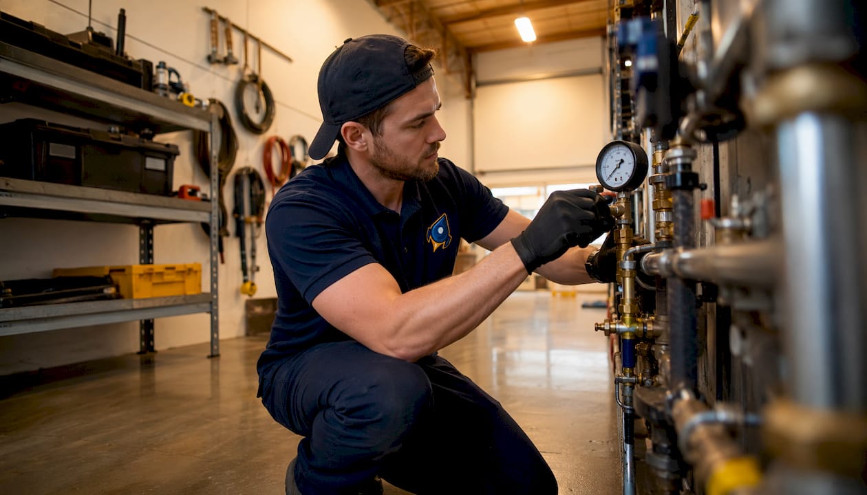 Plumber checking water pressure gauge on pipes