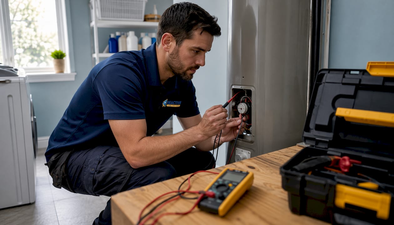 Plumber inspecting electric hot water system