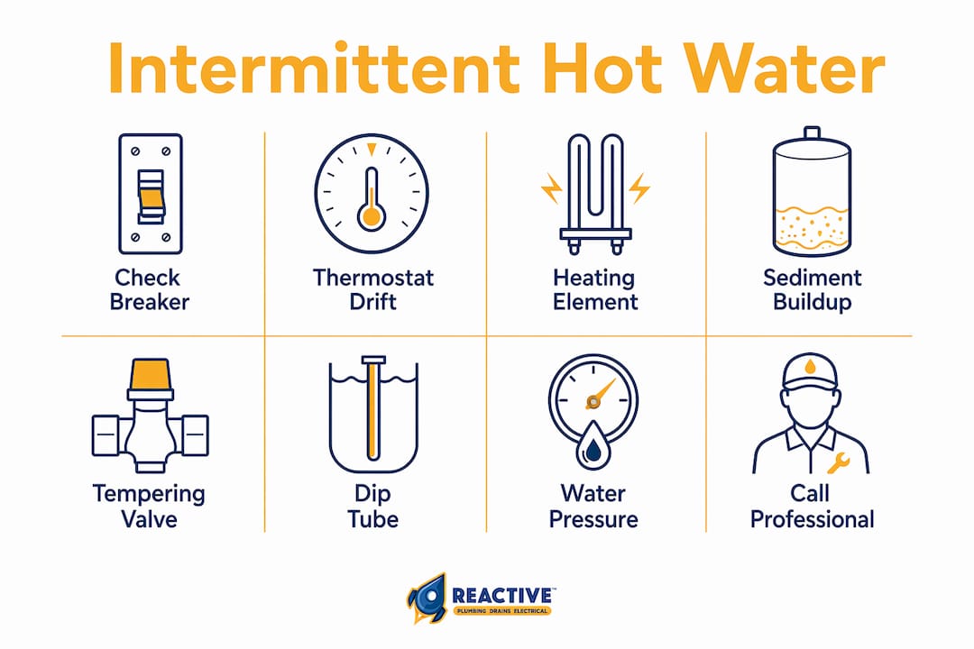 Infographic showing intermittent hot water troubleshooting steps