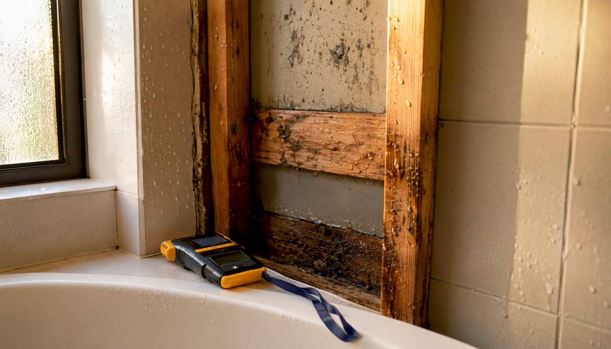Close-up of hidden water damage behind shower recess