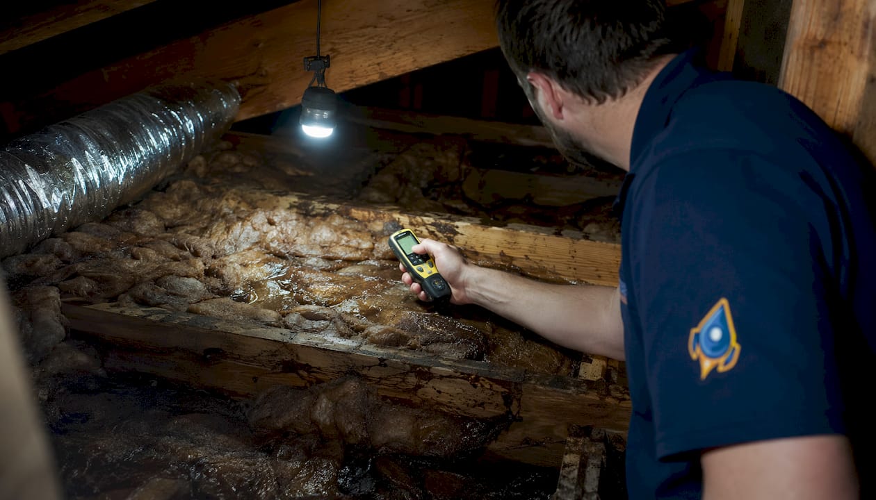 Technician inspecting wet ceiling insulation cavity