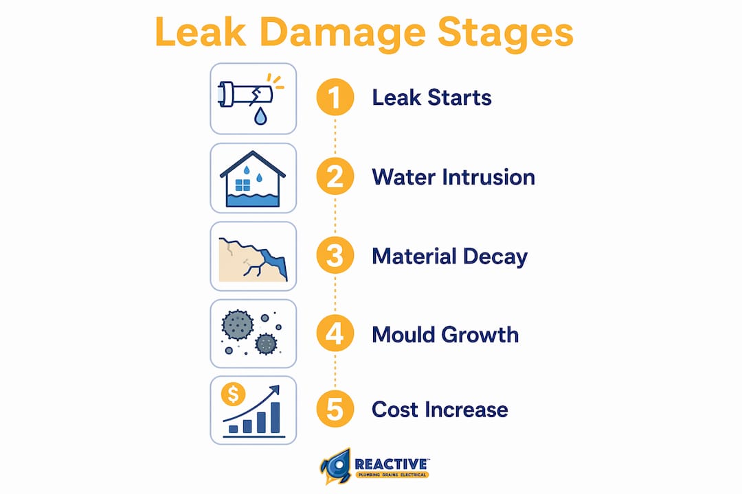 Infographic showing stages of water leak damage progression