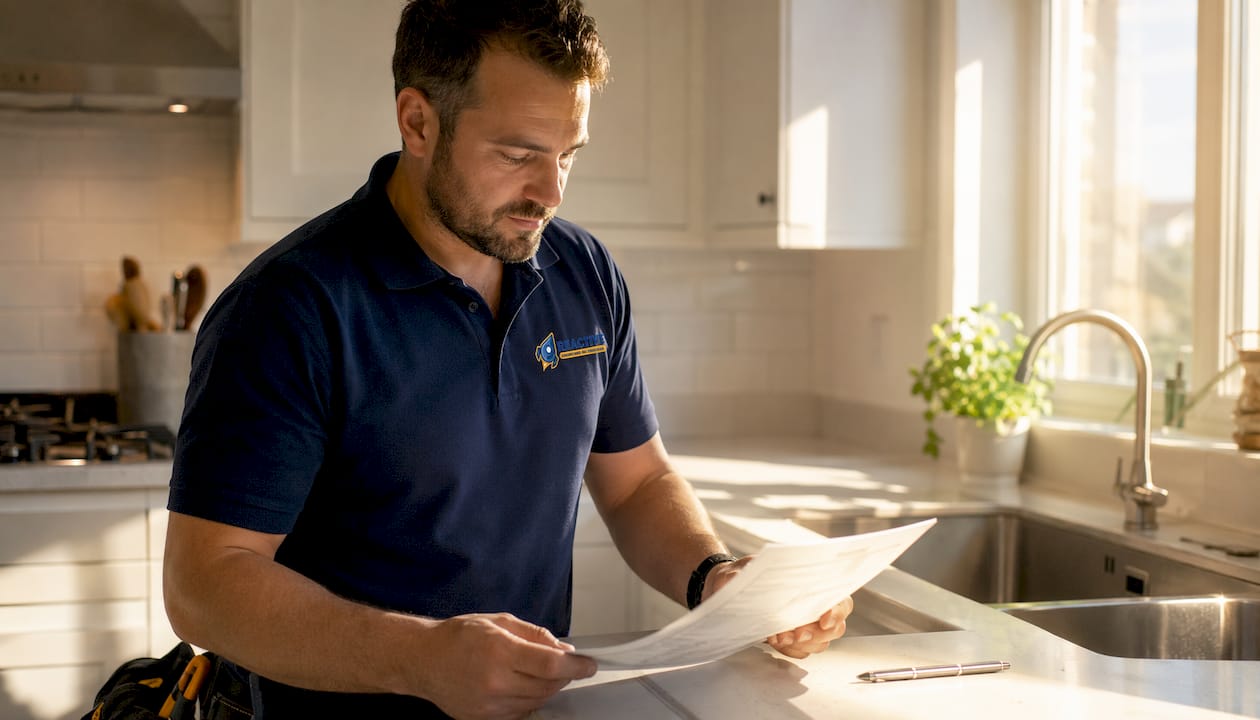 Plumber’s hands checking compliance certificate close-up