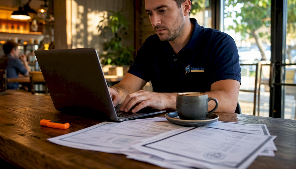 Desk with plumber lodging plumbing compliance certificates