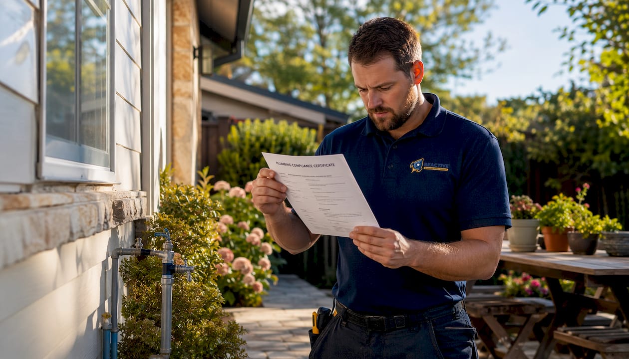 Licensed plumber inspecting plumbing with compliance certificate