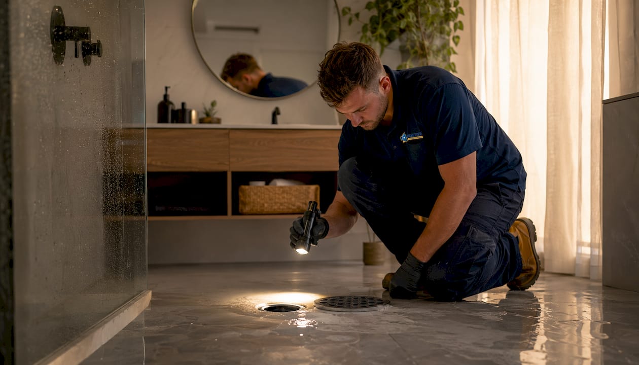 Plumber inspecting flooded bathroom drain