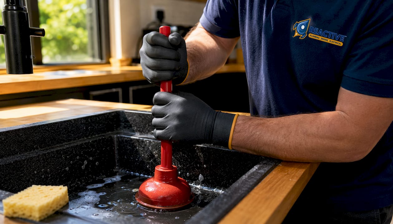 Technician using plunger on bathroom basin drain