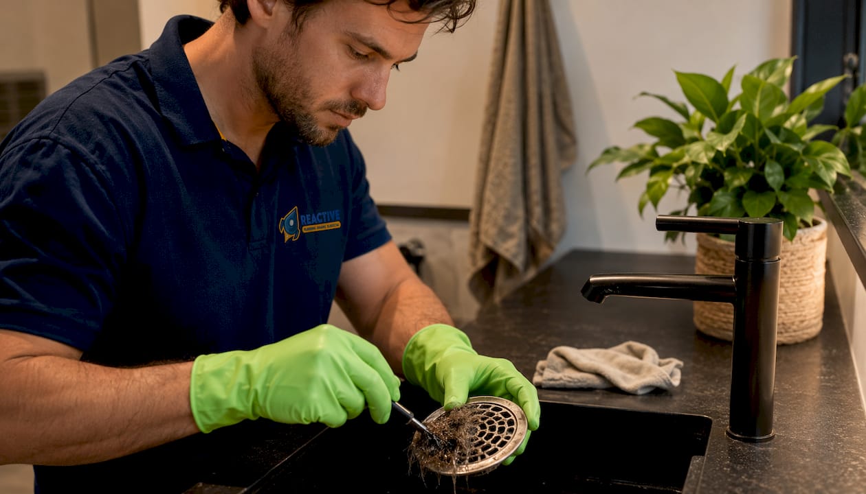 Hands removing bathroom drain debris