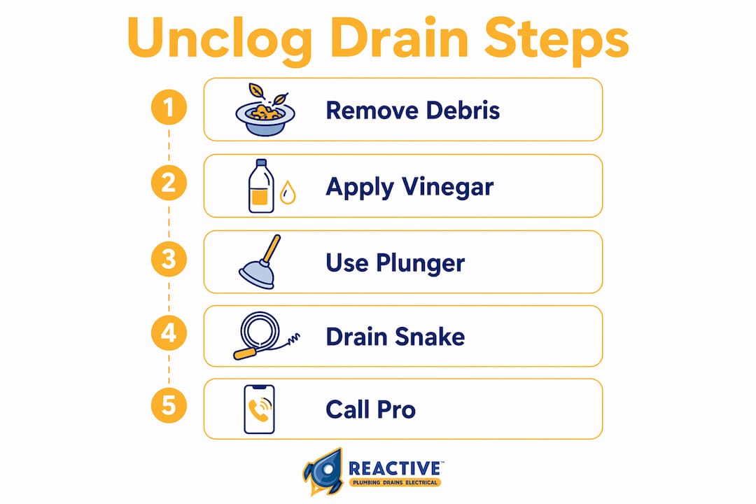 Infographic showing steps to unblock bathroom drain