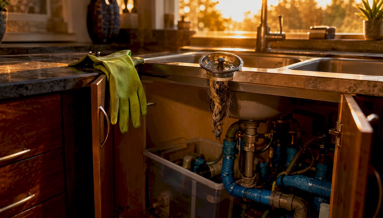 Clogged sink drain under kitchen cabinet