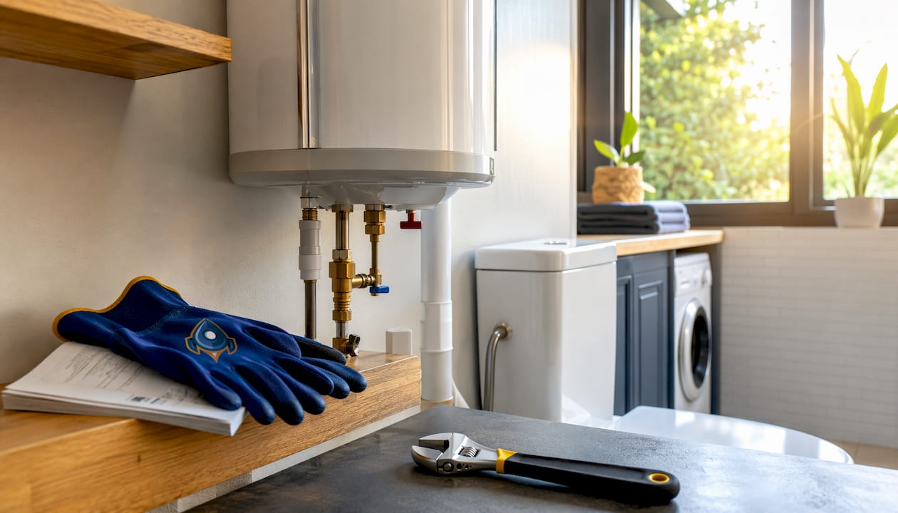 Utility room with water heater and toilet plumbing