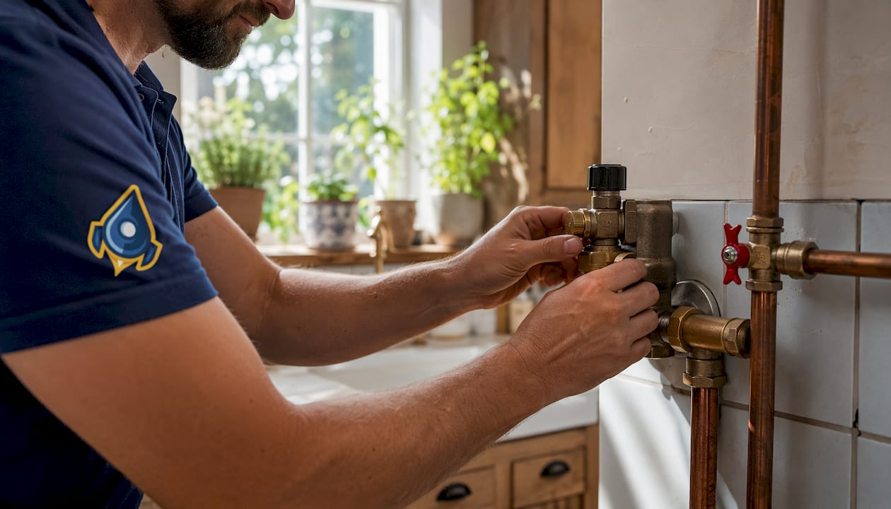 Plumber adjusting tempering valve on hot water pipe