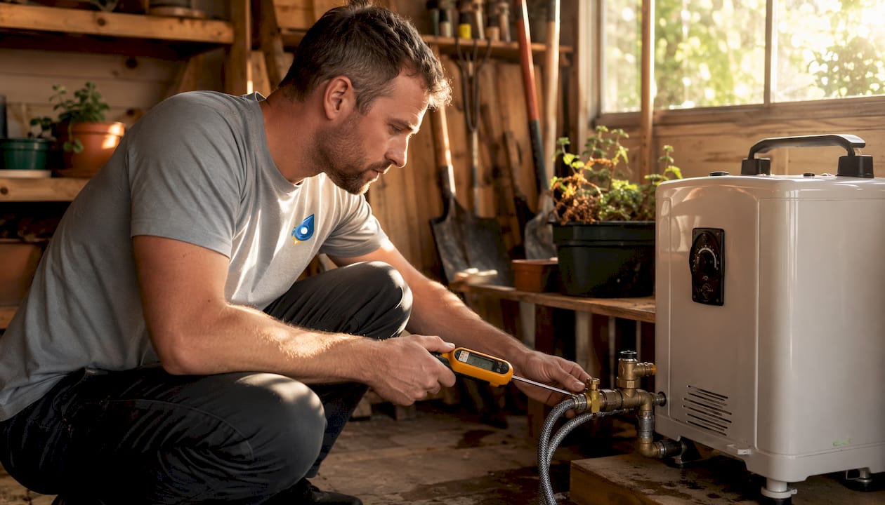 Homeowner testing water temperature at tempering valve