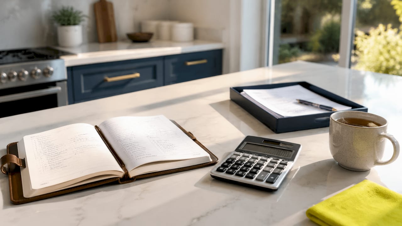 Calculator and mortgage papers on home desk