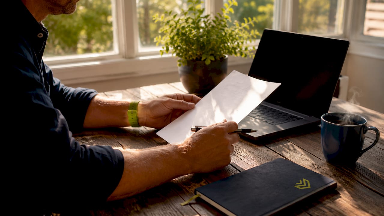 Close-up of hands reviewing refinance payoff letter