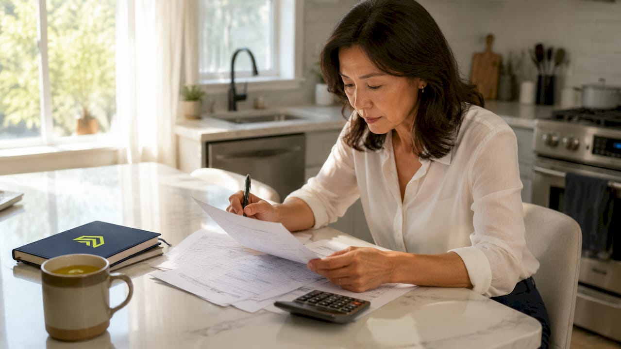 Homeowner reviewing refinancing paperwork at table