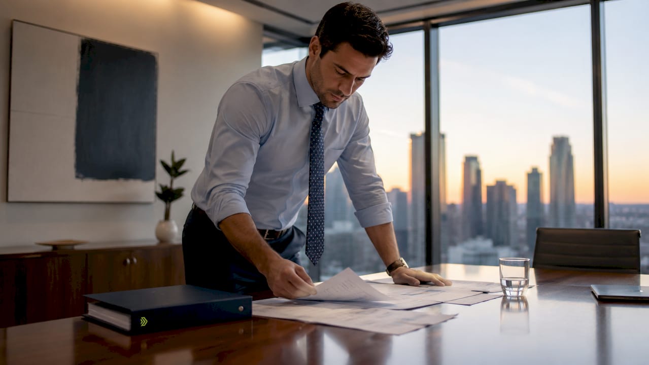 Loan officer verifying refinance documents at desk