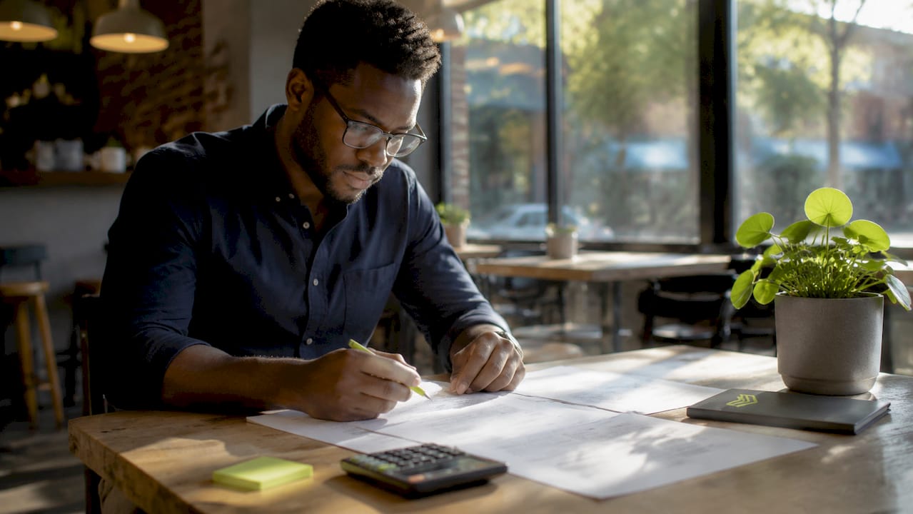 Mortgage underwriter reviewing loan files at desk