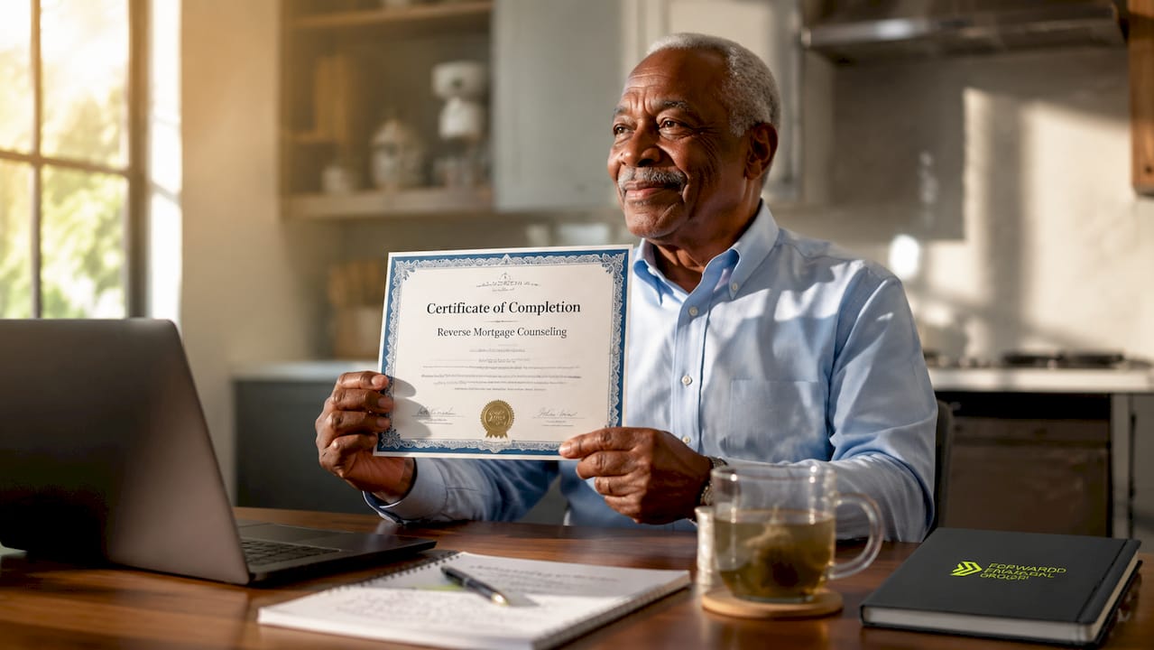 Senior man holding counseling certificate at desk
