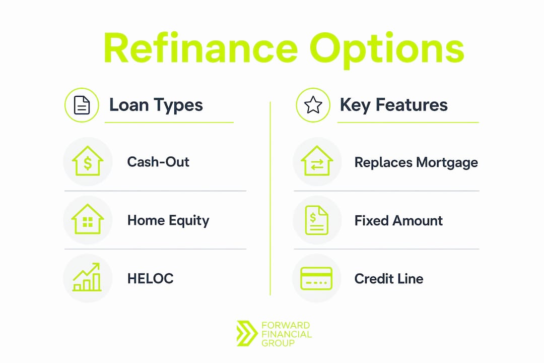 Infographic comparing home equity refinance loan types and features