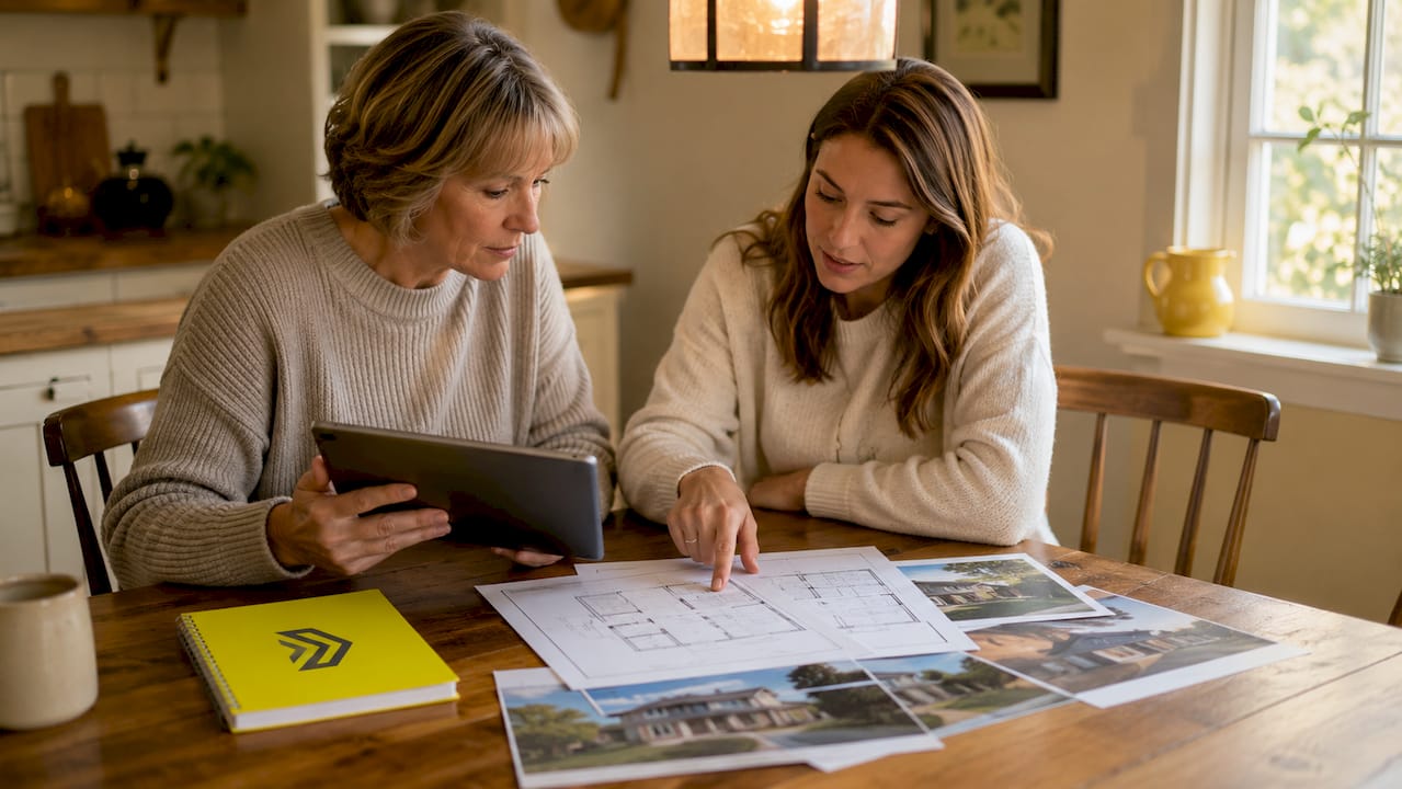 Mother and adult daughter discussing downsizing plans indoors