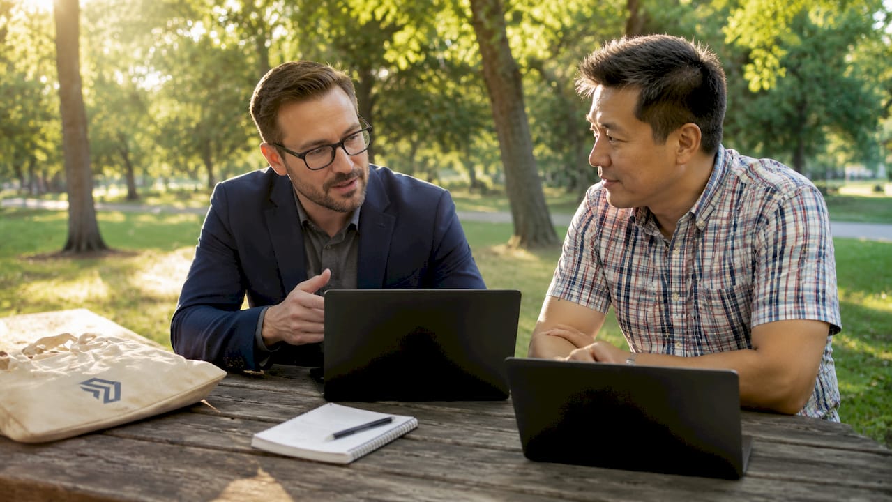 Two men discussing mortgage amortization at cafe