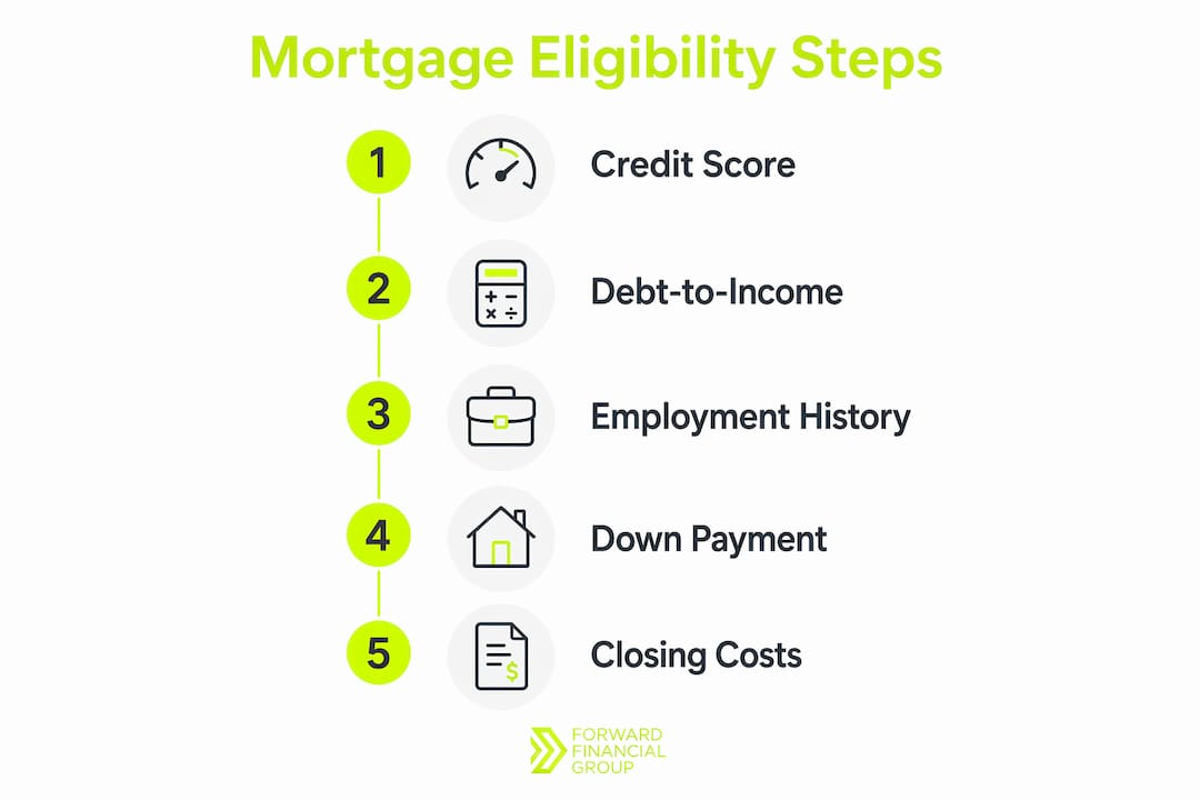 Infographic illustrating five mortgage eligibility requirements steps