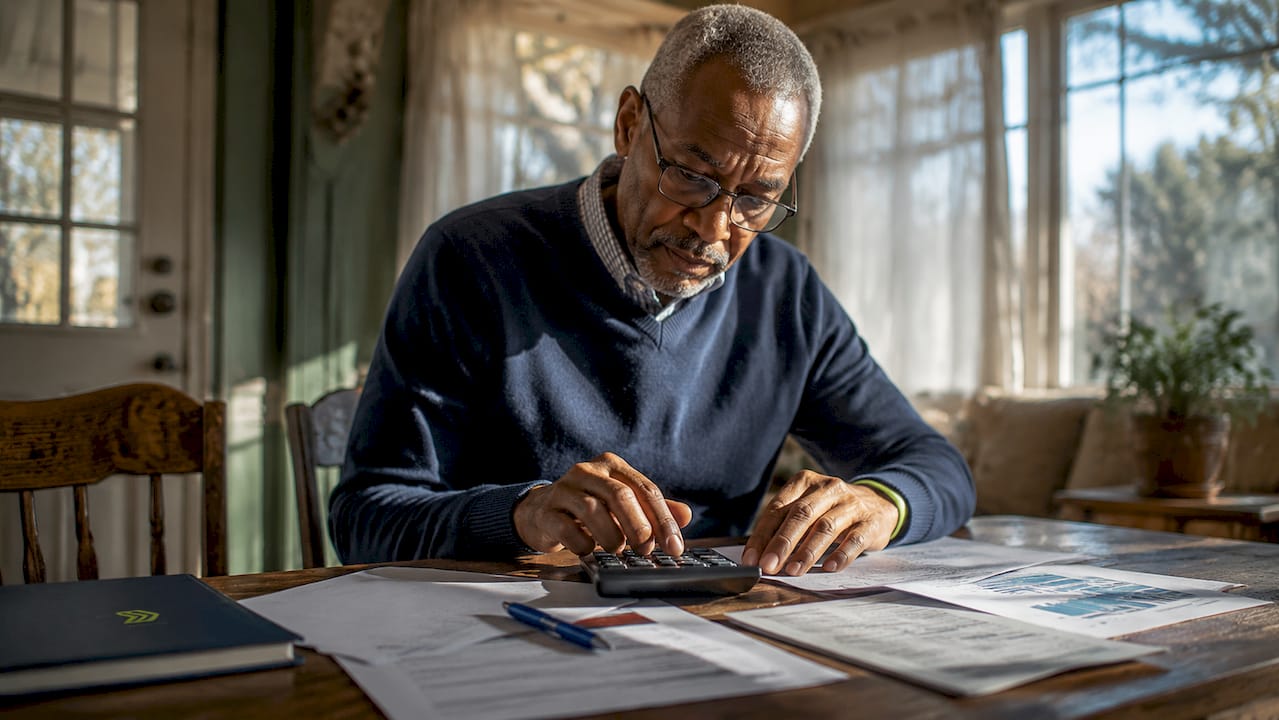 Elderly man calculating mortgage payments at table