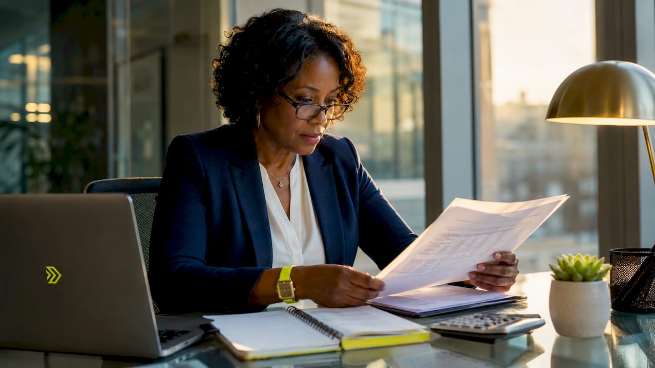 Woman reviewing refinance papers at home desk