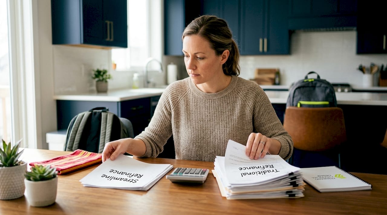 Hands comparing refinance paperwork on desk
