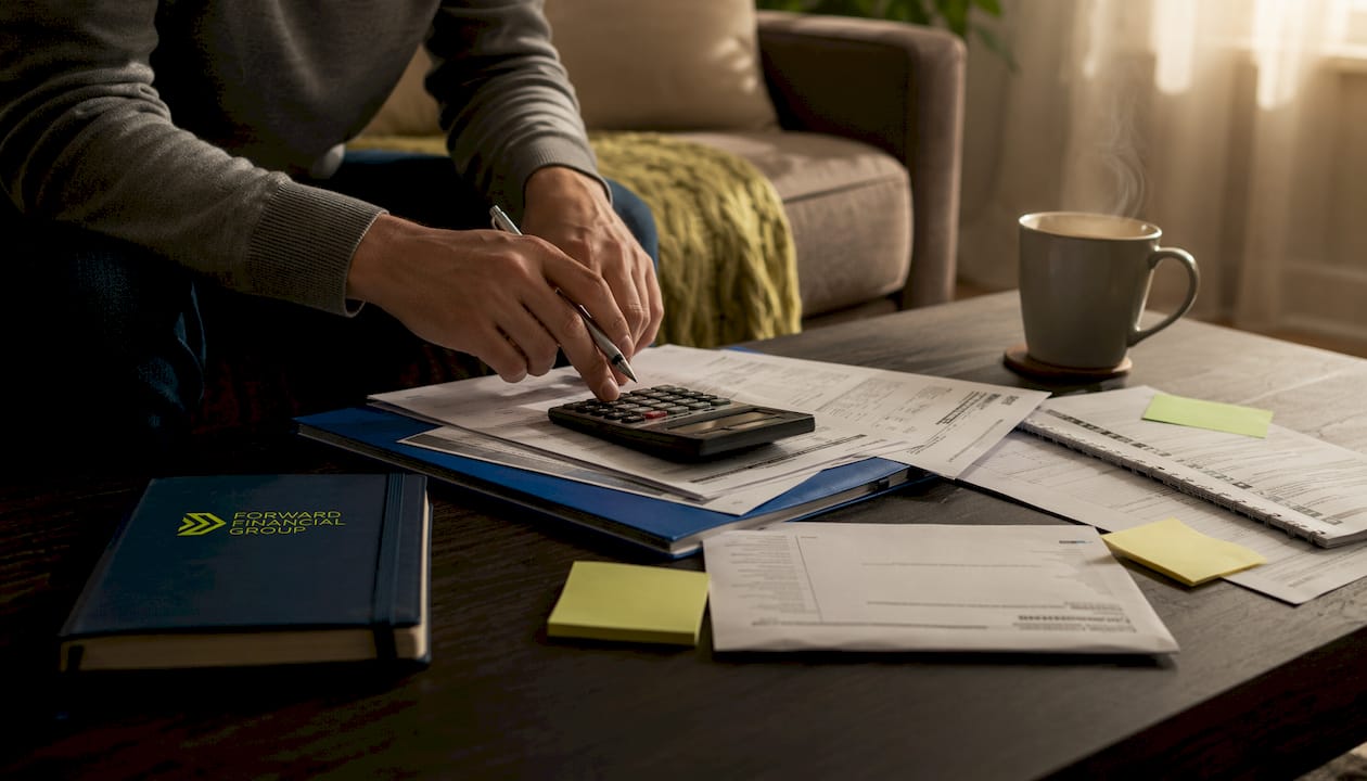 Documents and calculator on home office desk